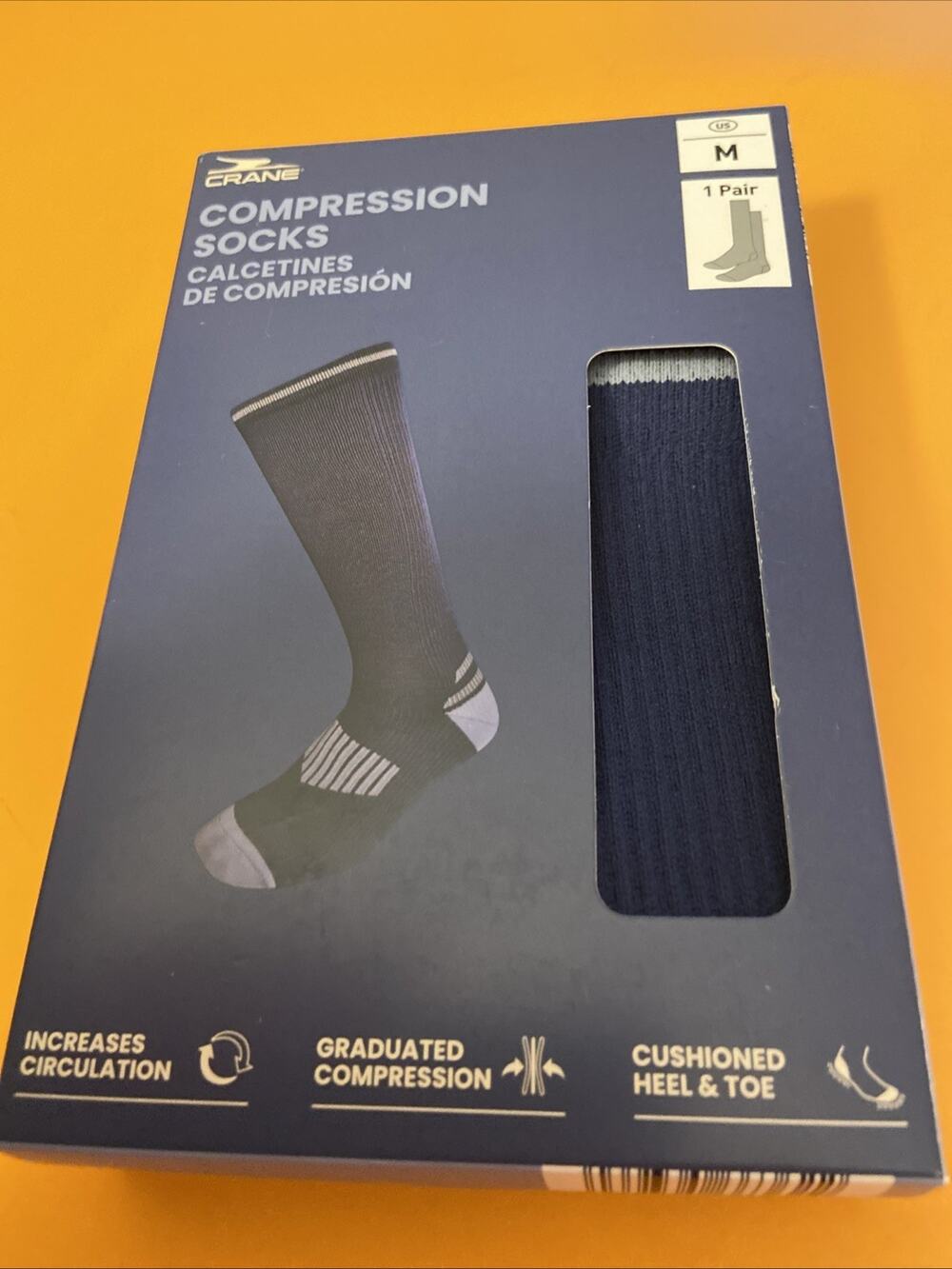 NEW CRANE COMPRESSION SOCKS Dark Blue with gray, Size MEDIUM